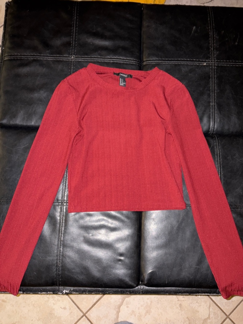 Forever 21 Red Ribbed Long-Sleeve Crop Top